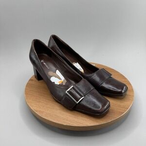 Kimel Square Toe Buckle Pumps 9M Brown Leather Block Heel Dark Academia Office